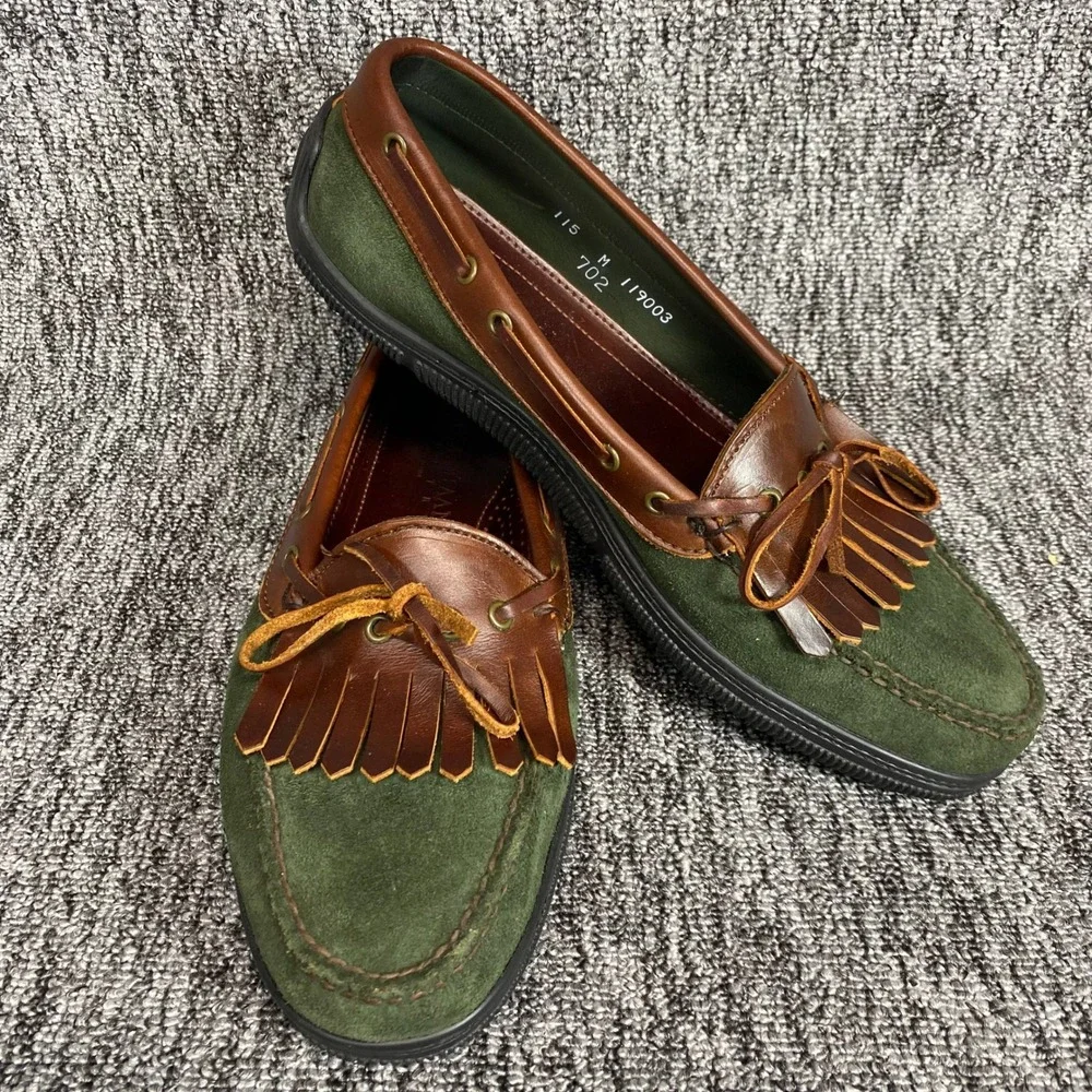 VTG Cole Haan Country Kiltie Fringe Leather Loafers Men 11.5 D Green Leather